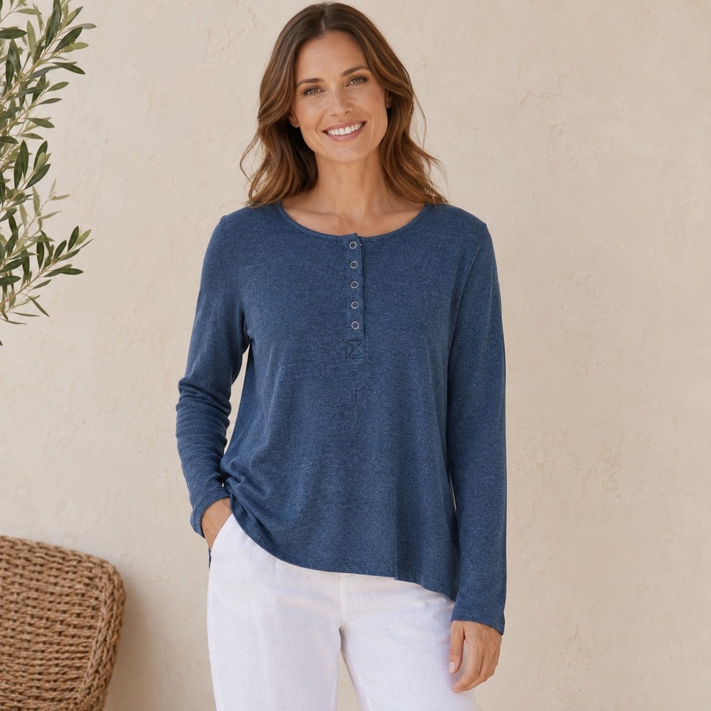 J.Jill Womens Teal Blue 100% Pima Cotton Ribbed Long Sleeve Henley Top Large